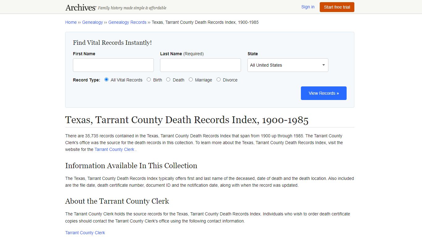 Texas, Tarrant County Death Records | Search Collections ...